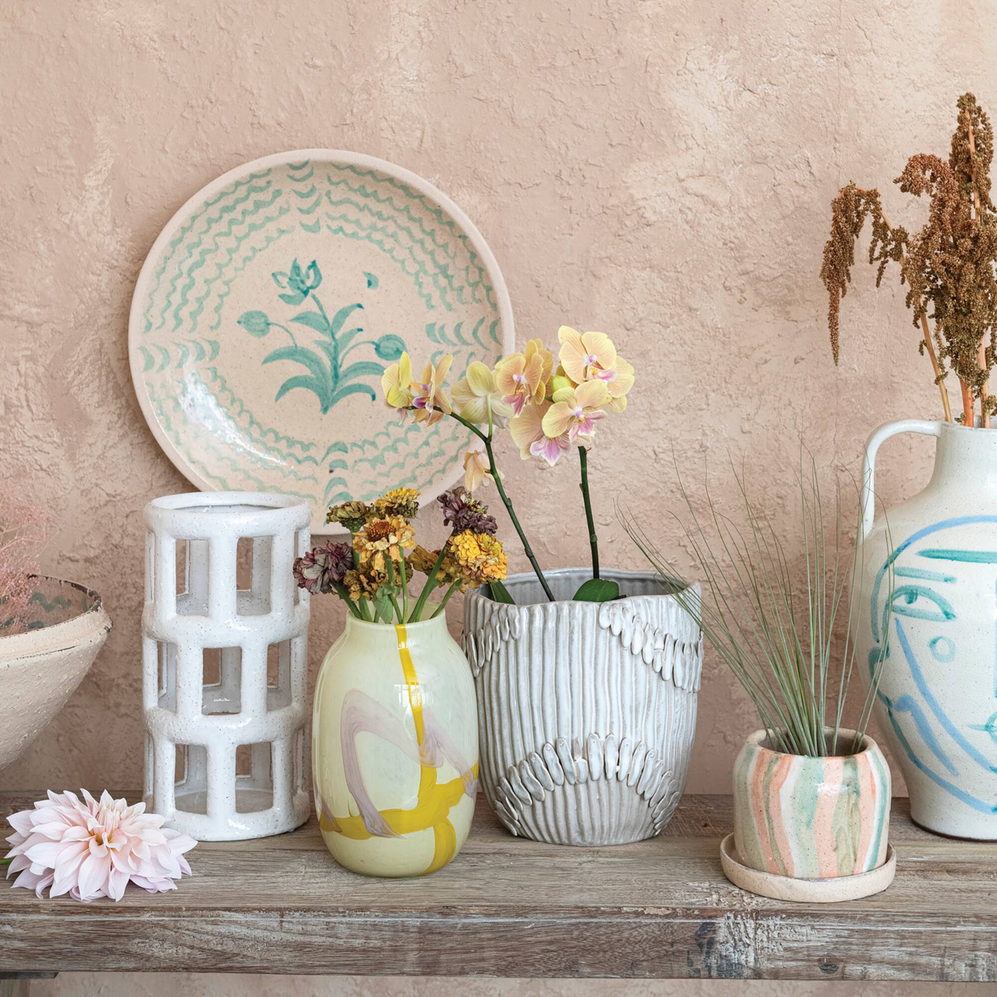 Hello Honey® 9.25" Cream Pleated Handmade Stoneware Vase